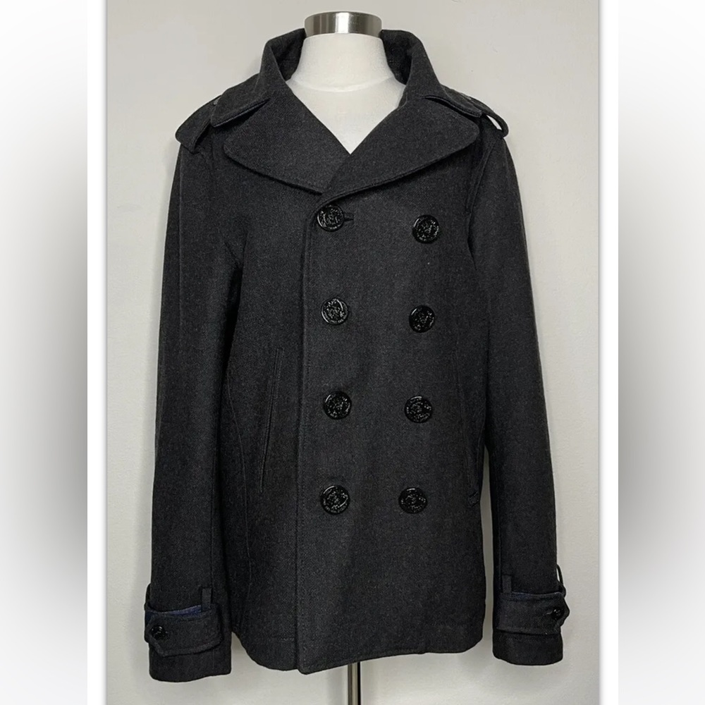 DIESEL Pea Coat Wool Black MEN'S Large L Button Epaulet Trench Military SLIM FIT